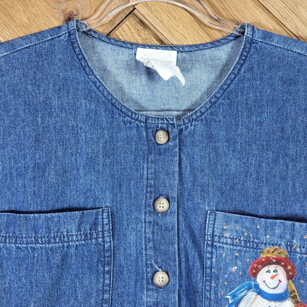 Moda International Denim Vintage Dress Womens Size 10 Blue Snowman Christmas USA - Picture 3 of 8